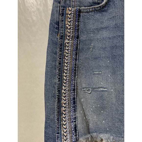 Free People Women's Denim Skirt W/ Ribbon Pearl Details Blue Size 10 Aztec Boho - Picture 2 of 6